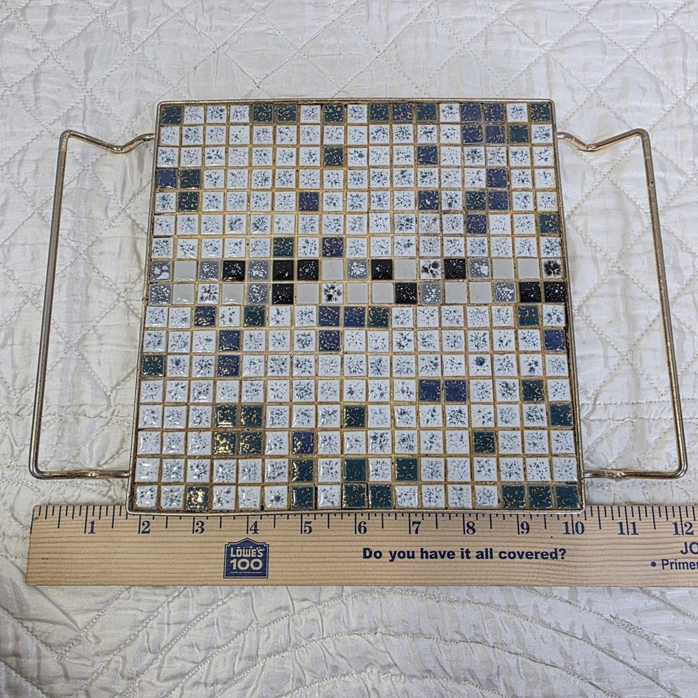 Vintage Blue Mosaic Tile Trivet Hot‎ Plate Mid Century Modern Metal Holder